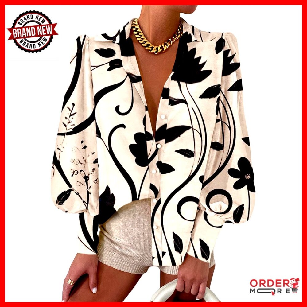 Long Sleeve Button Down Blouse, Polyester, Deep V… - image 1